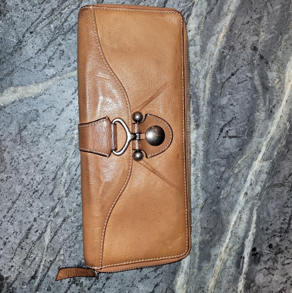Cognac leather HOBO clutch wallet with silver hardware